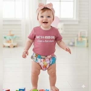 Boho Baby Girl Feather Bloomers & Graphic Tee Set Mauve & Pastel Summer Set
